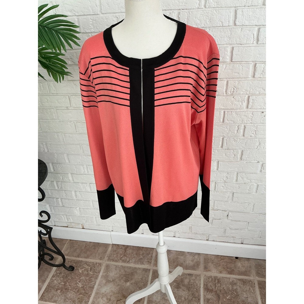 Misook Cardigan Tank Set Womens XL Pink Black Excellent Striped Knit Twinset